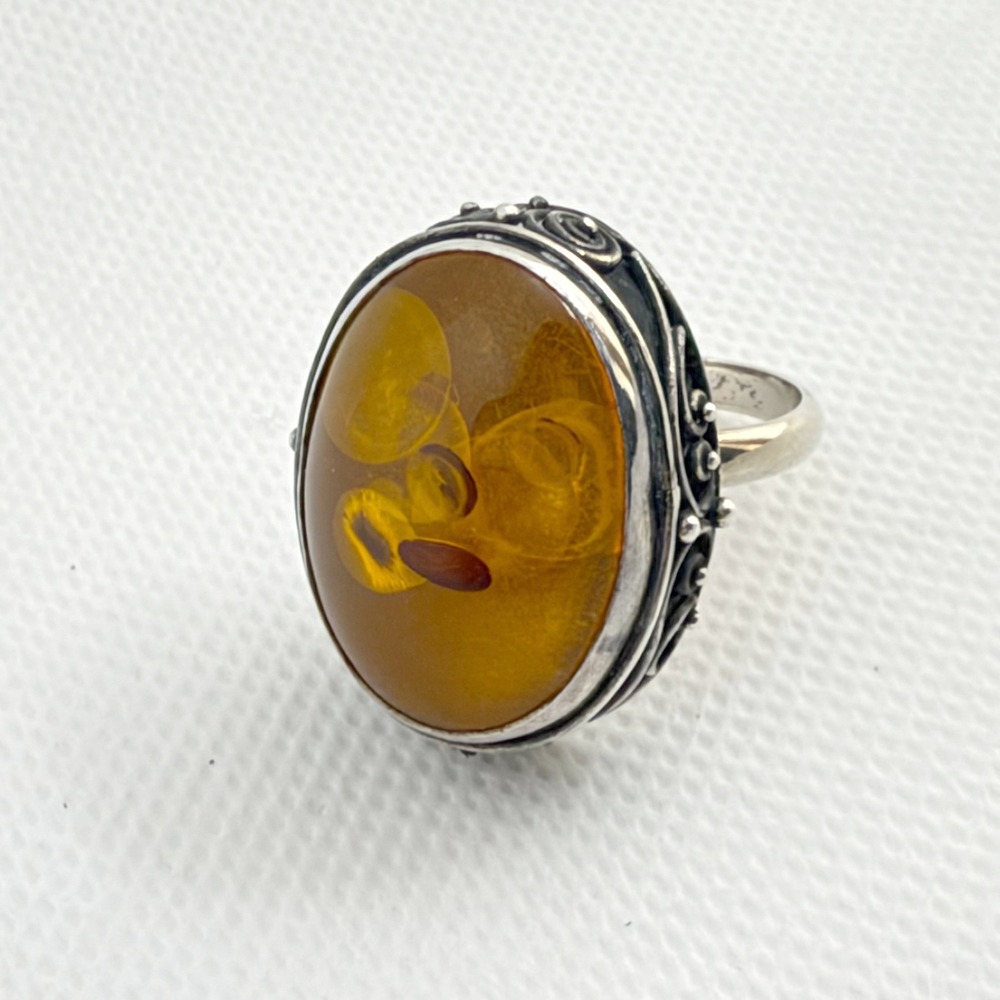 Amber Ring Honey Silver Size 7.5